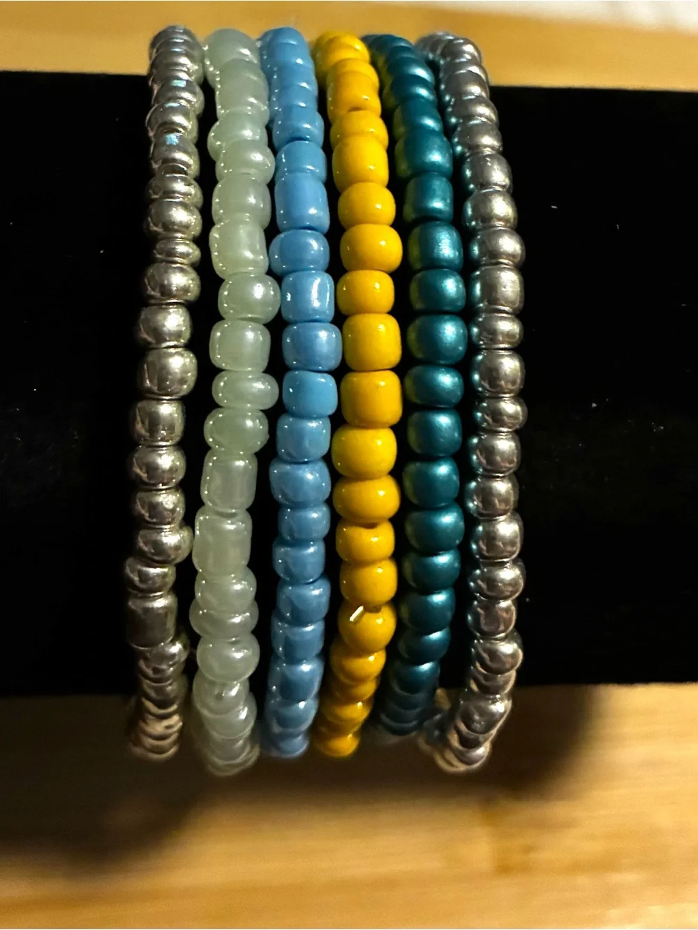 Beaded Stretch Bracelet Set - Yellow, Teal, Light Blue & Silver